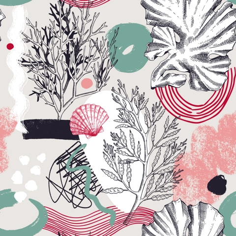 Collage-style seaweeds background. Sketched underwater plants seamless pattern. Trendy design with botanical sketches and geometric shapes. Elegant algae for poster, packaging, fabric,and wall art.